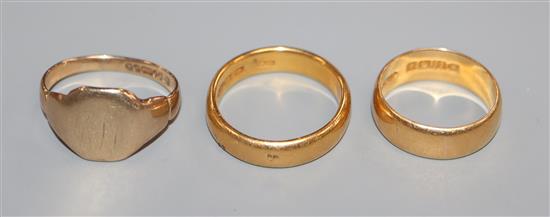 Two 22ct. gold bands and a 9ct. gold signet ring.